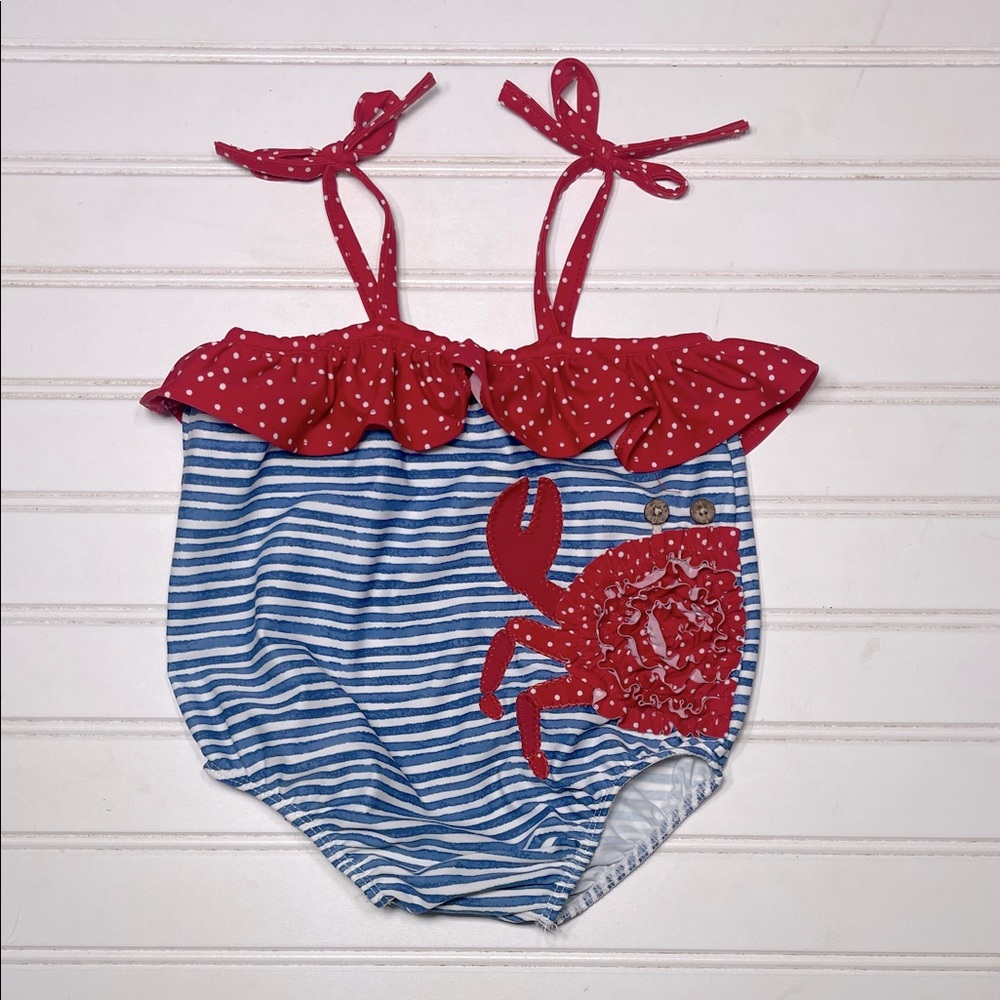MUD PIE EUC Striped Polka Dot Ruffle Crab Appliqué One Piece Swimsuit